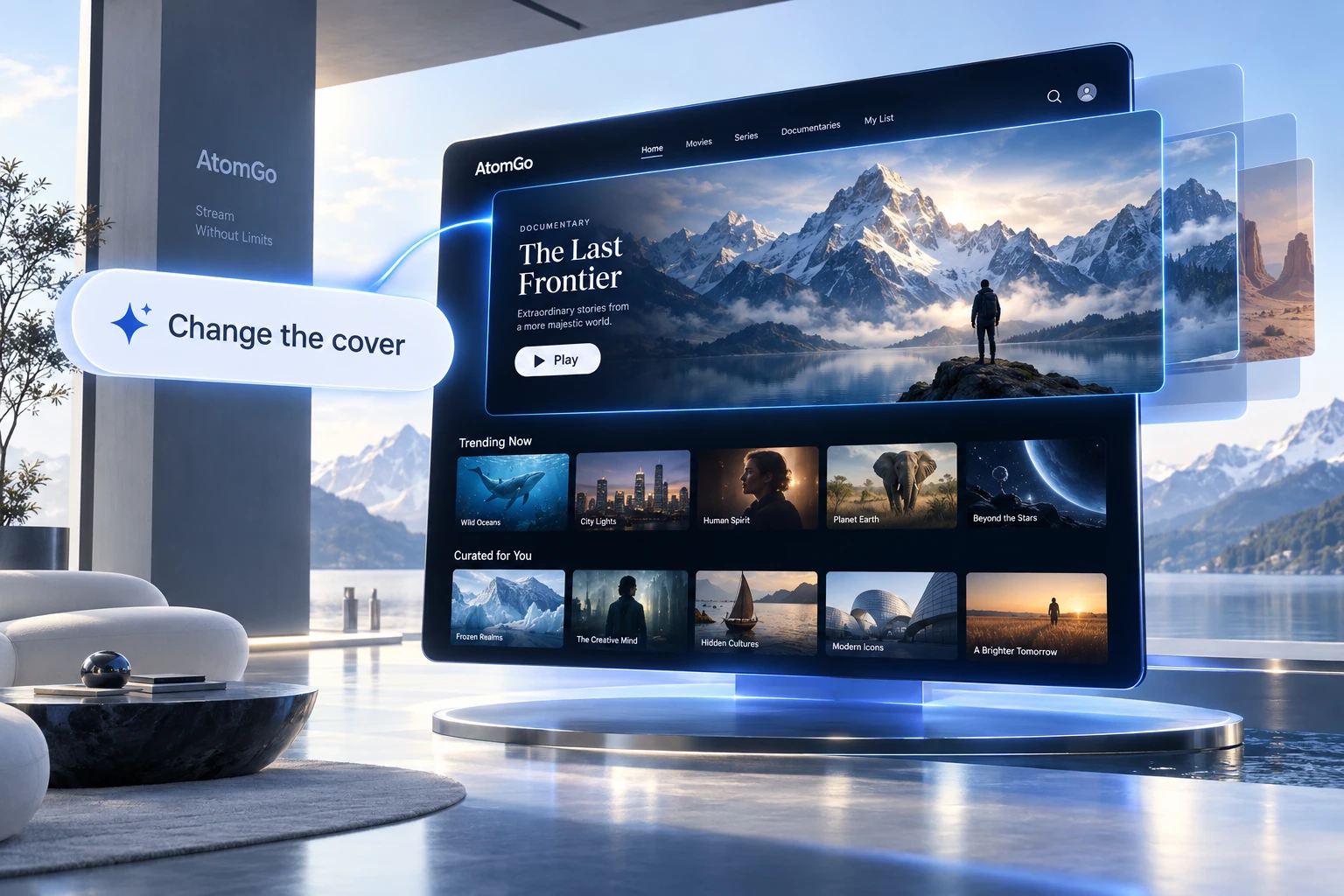 A “Change the cover” prompt modifies the hero of an OTT website, with its components shown as layers.