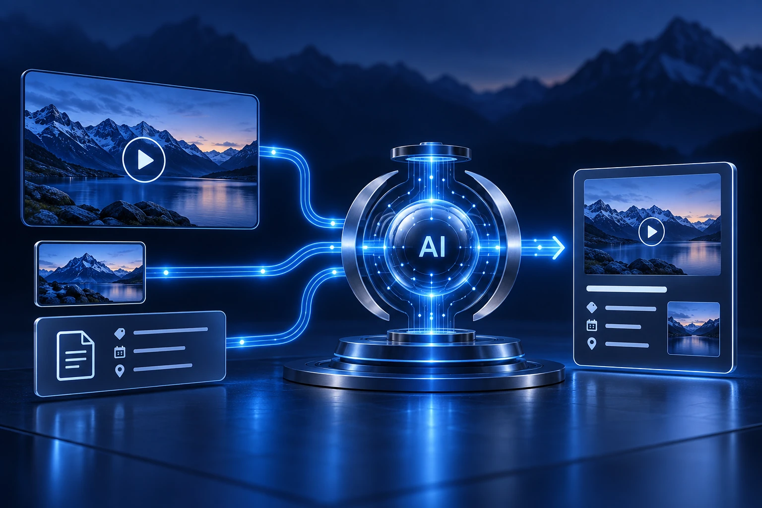 Video, thumbnail and metadata converge in an AI core and become one catalogue item.