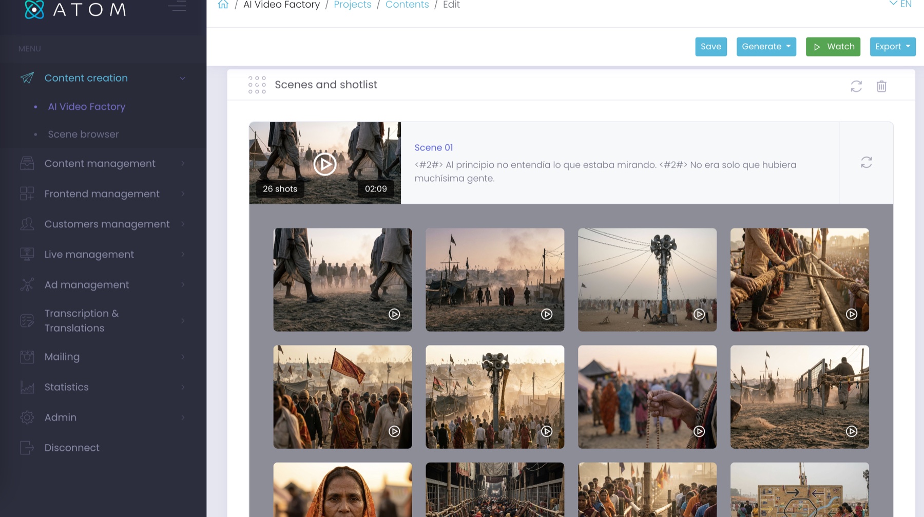 Real Content Factory CMS view showing scenes, a shotlist and editable clips