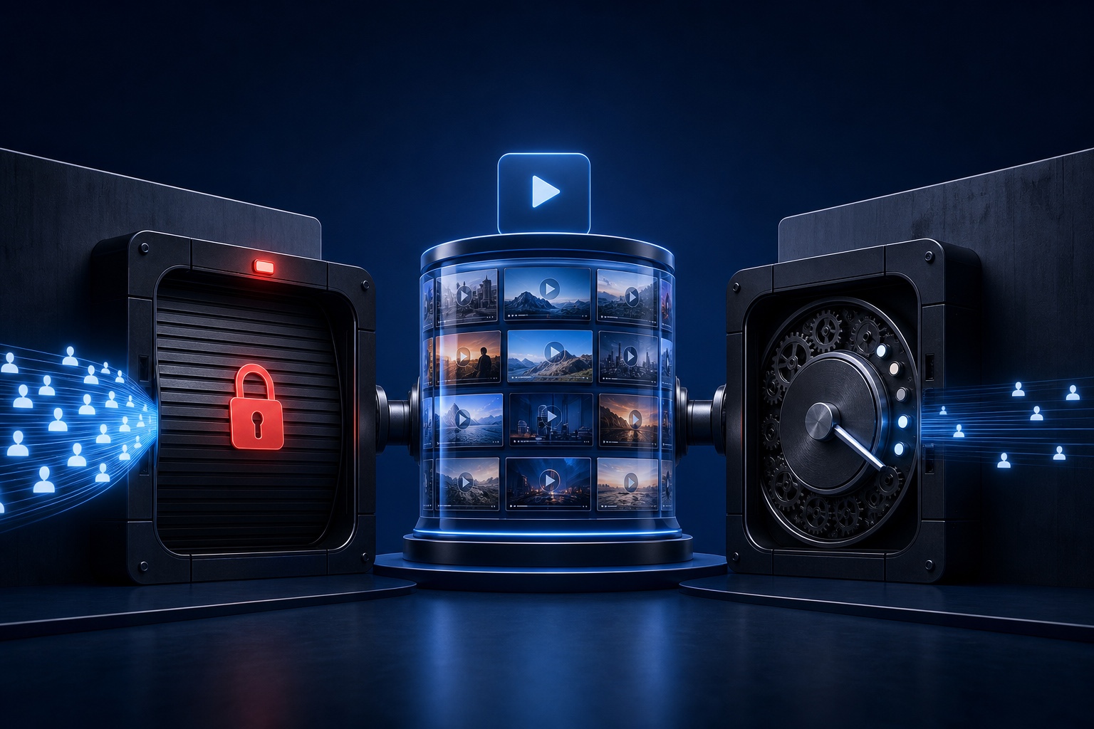 A content library sits between a locked gate that can remove access and an opaque algorithm that controls traffic.