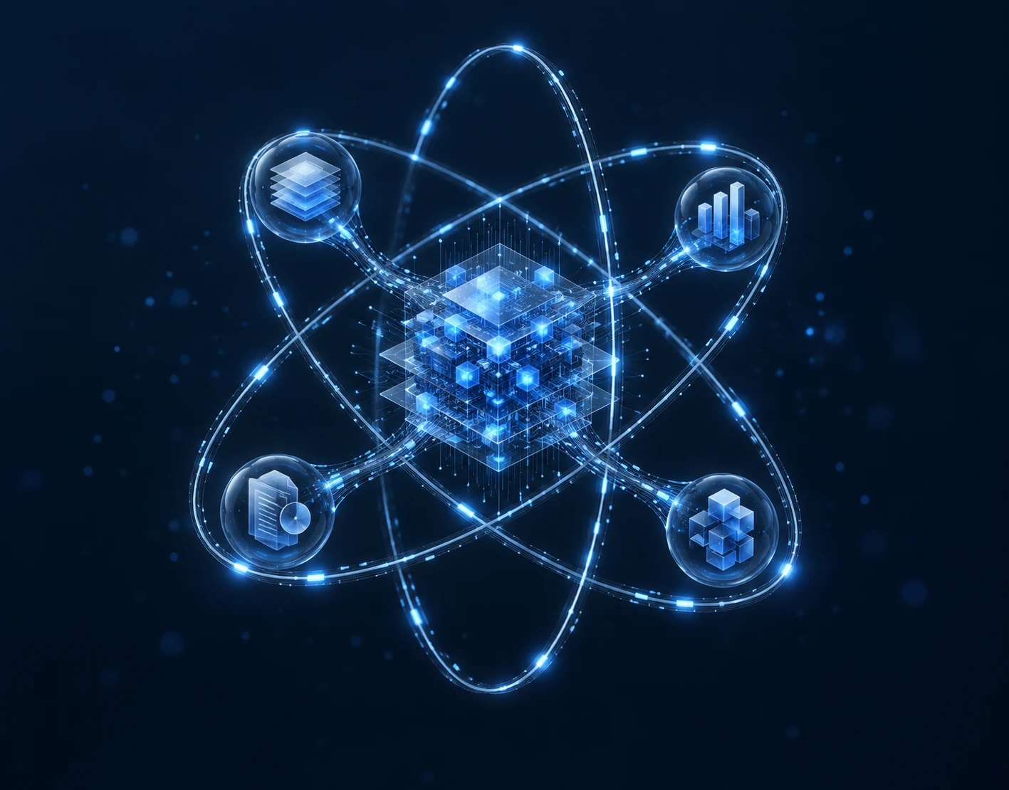 AtomGo AI core connected to content production, editorial work, marketing and technology