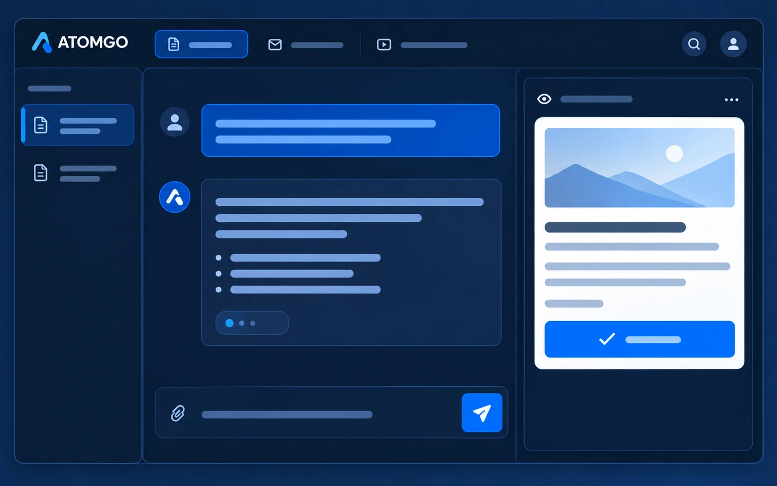 AtomGo panel with an AI Chat, active jobs and a draft ready for review