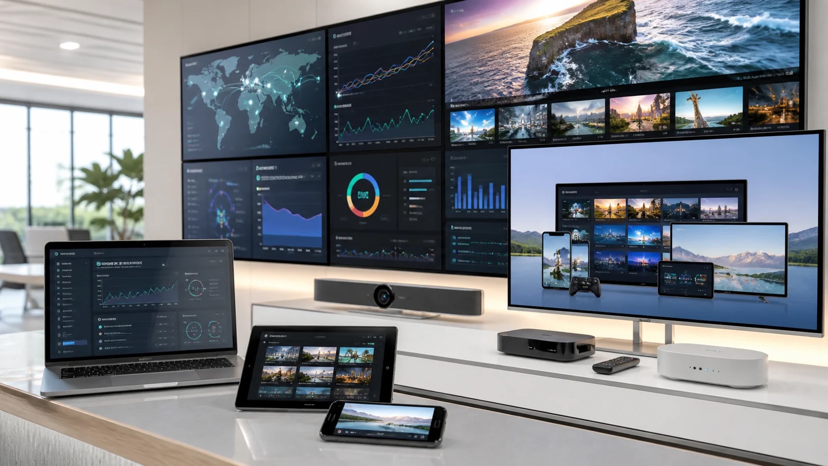 Analytics dashboards and a branded video catalog displayed across television, computer, tablet and mobile screens.