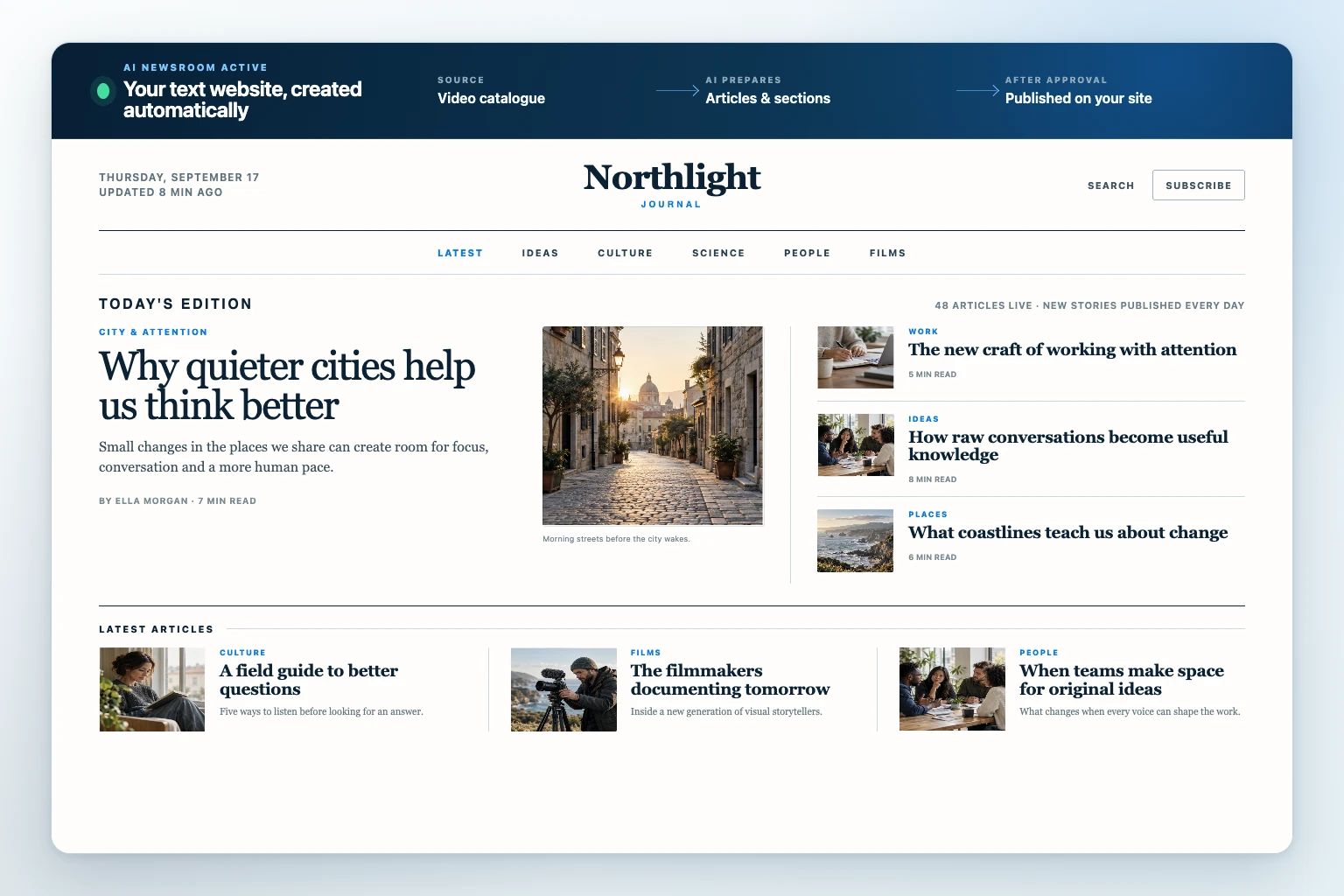 Editorial website front page with headlines, sections, articles and small images, generated from a video catalogue and published after approval.