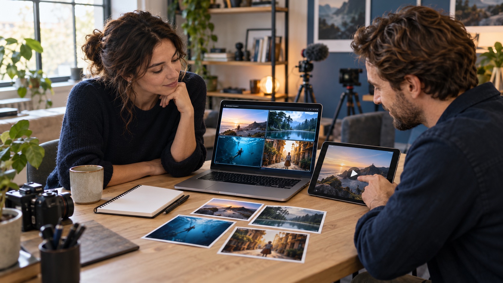 Illustration of a small team reviewing a video catalogue on a laptop and tablet.
