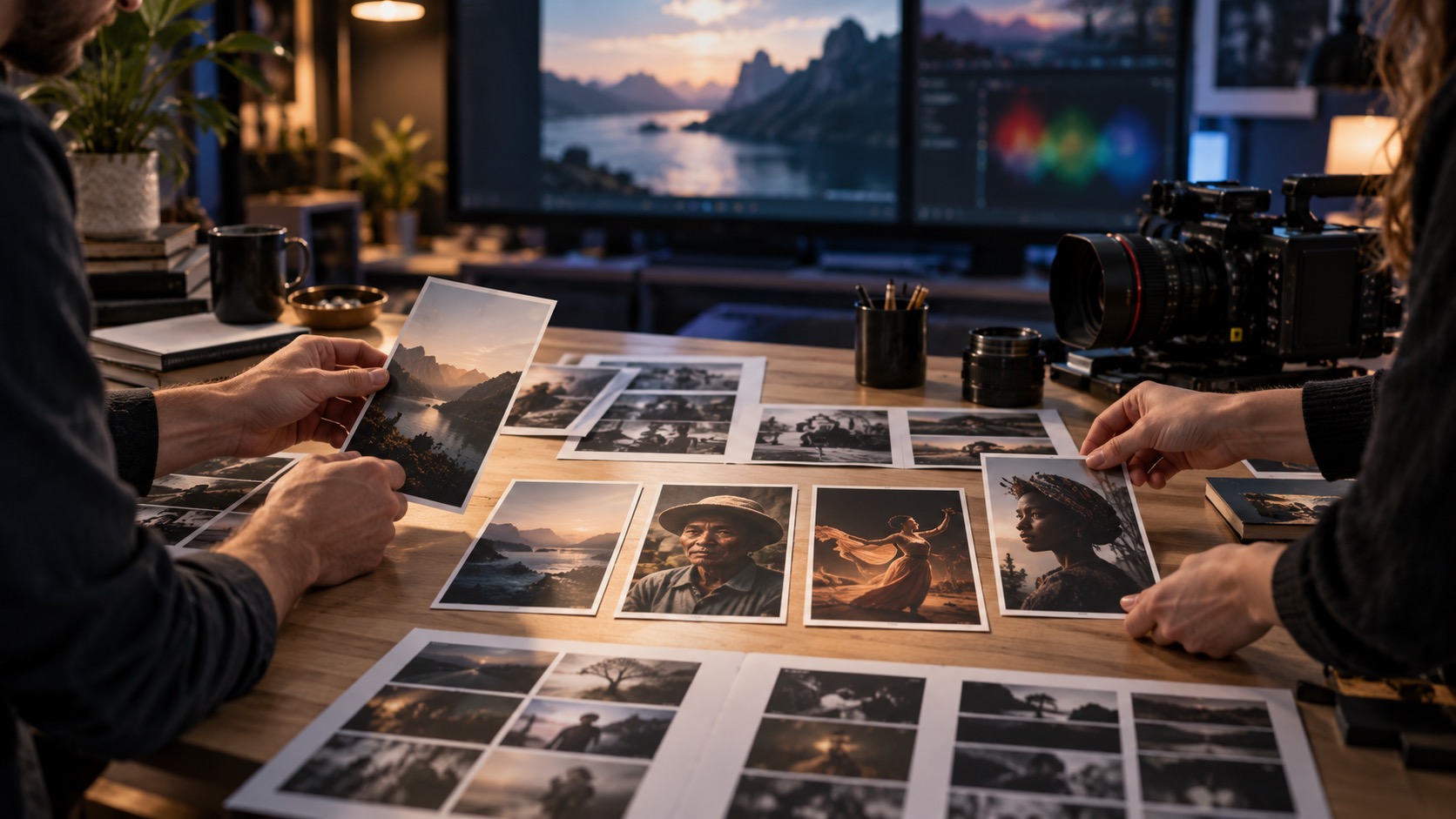 Illustration of a production team curating a collection of films and documentaries.